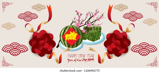 Banner with a pig in the style of the tribe and the text of the new year