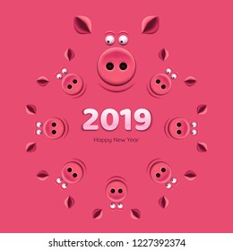 Banner with a pig's snouts on pink background. 2019 New Year.