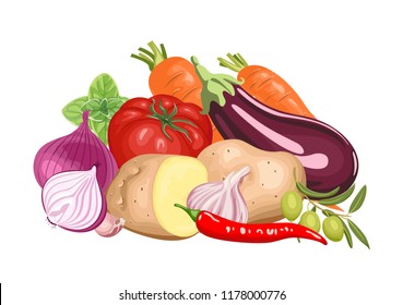 Banner with a pile of fresh vegetables. Vector vibrant color illustration of meal in a flat style.