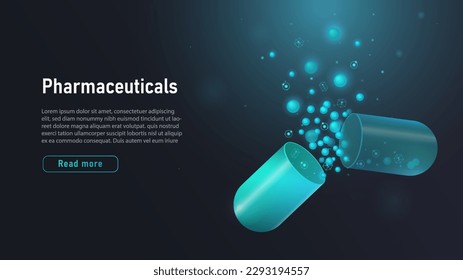 Banner with pill. Pharmaceuticals and medicines, broken blue capsule with treatment substance. Health care and disease treatment. Landing page design. Cartoon isometric vector illustration