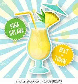 Banner with Pina Colada cocktail. Vector illustration. Glass of alcoholic drink with pineapple slice, straw and umbrella on retro burst background.