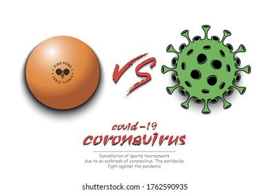 Banner ping-pong against coronavirus. Ping-pong ball vs covid-19. Cancellation of sports tournaments due to an outbreak of coronavirus. The worldwide fight against the pandemic. Vector illustration