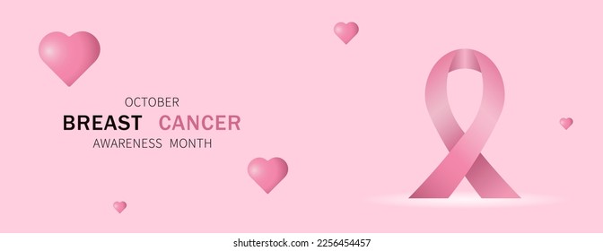Banner with pink awareness ribbon, hearts and text OCTOBER BREAS
