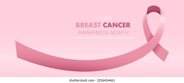 Banner with pink awareness ribbon and text OCTOBER BREAST CANCER