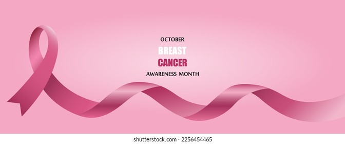 Banner with pink awareness ribbon and text OCTOBER BREAST CANCER