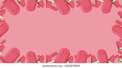banner with a pink background and with a frame of ice cream, watermelons and cherries. frame of fruits and ice on a stick.
