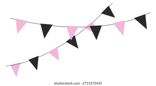 A banner with pink and black flags hanging from a white background