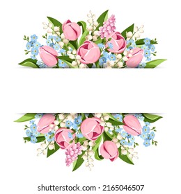 Banner with pink, blue, and white tulips, hyacinth flowers, lily of the valley flowers, forget-me-not flowers, and green leaves. Vector illustration