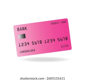 Banner with pink credit card isolated on white background. Vector debit card mockup.