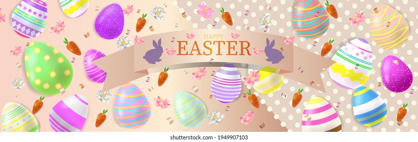 Banner Pink Easter. April .2021.Holy feast day. Realistic style. Christianity.Concept.Carrots.
Flowers tulips. Cartoon. Vector. Illustration