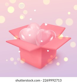 Banner with pink and glass realistic glossy hearts in the opened box, bokeh lights flying around. Vector illustration for card, party, design, flyer, poster, decor, banner, web, advertising.