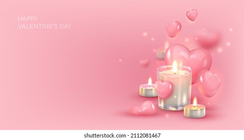 Banner with pink glossy candy half hearts and  tea lights, candles. Symbol of love. Happy Valentine's Day. Vector illustration for card, party, design, flyer, poster, decor, banner, web, advertising.