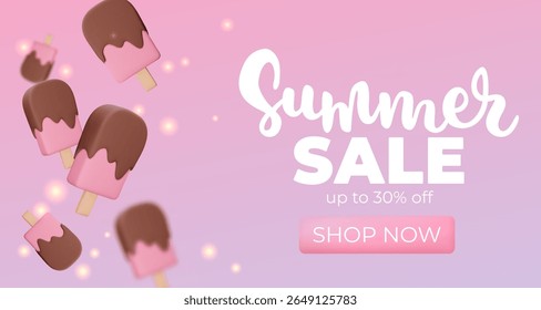 Banner with pink Ice cream on pink background, summer sale, up to 30%, 3d render. Design elements. Realistic sweet food poster. Vector illustration for menu, shop, flyer, web, adv, sale