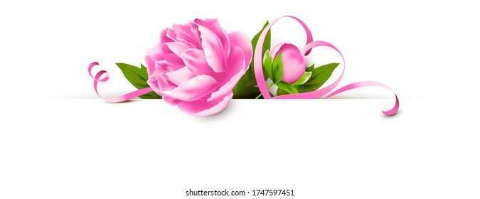 Banner with pink peony and heart-shaped ribbon