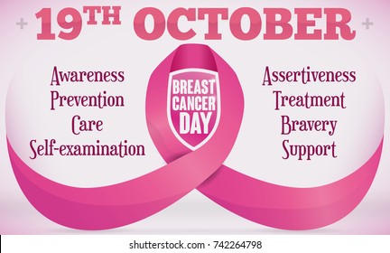 Banner with pink ribbon decorated with a shield inside of it and some precepts to commemorate Breast Cancer Day in October 19.