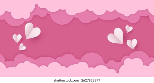 banner with pink sky and paper cut clouds, valentine's day template with hearts, rose cloudscape border frame pastel colors