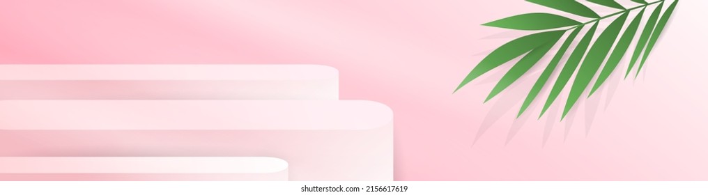 Pancarta Estadio rosa y blanco con palmeras de hojas en San Valentín sobre fondo rosa , Diseño Plano Moderno , ilustración Vector EPS 10