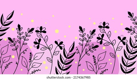 Pancarta rosa con botánica de línea y flores. Arte vectorial