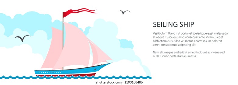 Banner with a Pink Yacht on Waves in the Ocean, Sailing Vessel for Sea Voyages , Travel Concept , Vector Illustration