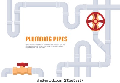 Banner with pipes laid on the background. Spare parts for the pipeline. Bends, connectors, taps and sensors for plastic pipes. Plumbing work in the house. Vector illustration