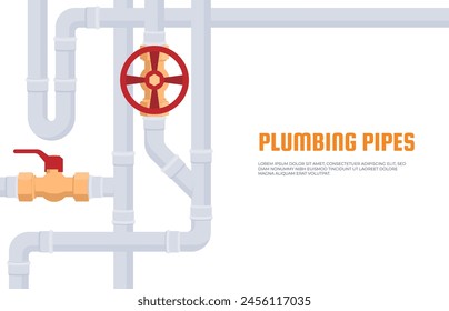 Banner with pipes laid on the background. Spare parts for the pipeline. Bends, connectors, taps and sensors for plastic pipes. Plumbing work in the house. Vector illustration