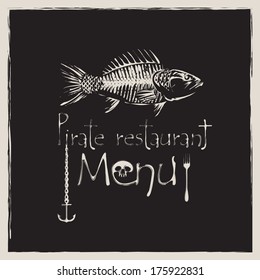 banner for pirate restaurant with a skeleton fish and anchor