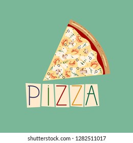 Banner for pizza box. Background with slice seafood Pizza. Vector illustration. Colorful  flat style. Logo pizza.