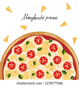 Banner for pizza box. Background with whole margarita Pizza, cheese, hand letter. Vector illustration isolated on white background. Colorful  flat style.

