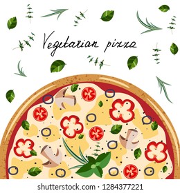 Banner for pizza box. Background with whole vegetarian Pizza, herbs, hand letter. Vector illustration isolated on white background. Colorful  flat style.