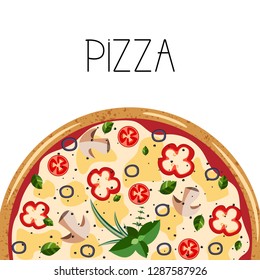 Banner for pizza box. Background with whole vegetarian Pizza. Vector illustration isolated on white background. Colorful  flat style.