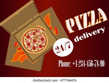 Banner of pizza delivery with phone number and image of pizza in the box