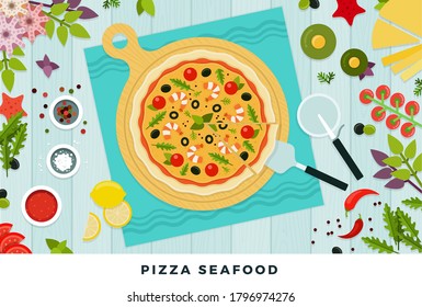 Banner pizza seafood with products. Vector illustration in flat design. Pizza with a top view.