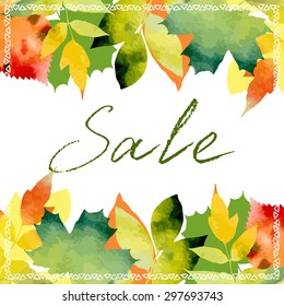 Banner or placard with autumn leaf and text sale. Hand lettering. Vector illustration