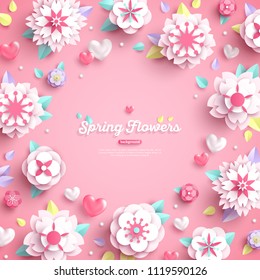 Banner with place for text and 3d white paper cut spring flowers on pink background. Vector illustration.