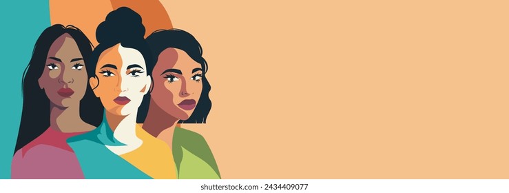 Banner place for text. A group of beautiful women of different beauty and skin color. The concept of woman, femininity, independence and equality. Women empowerment vector illustration
