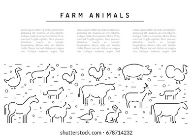 Banner with place for text informing about the usefulness of natural farm products. Vector farm animals in a linear style isolated on white background.