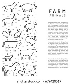 Banner with place for text informing about the usefulness of natural farm products. Vector farm animals in a linear style isolated on white background.