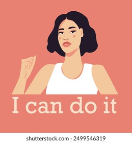 Banner with place for text, portrait of a woman with text I can do it, girl with fist, feminism, empowerment, concept of struggle for freedom and women's rights, protest