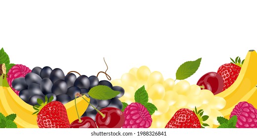 Banner with place for text and with a set of realistic exotic and garden fruits and berries. Farm market product. Sale poster template. Agriculture symbol.Summer background.