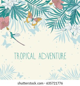 banner with place for text and tropical flowers, palm leaves and butterflies, vector illustration