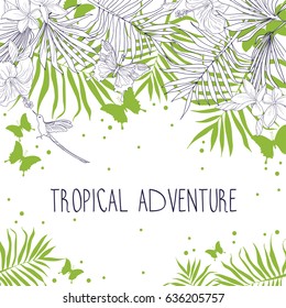 banner with place for text and tropical flowers, palm leaves and butterflies, vector illustration