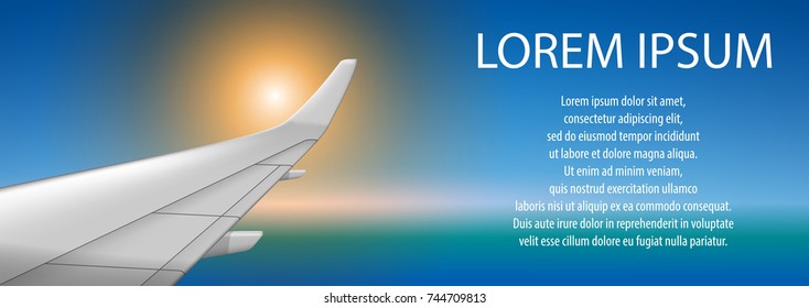 Banner of a plane wing on sunset. Brochure in tourism theme. Travel agency advertisement airplane poster design. Vector illustration