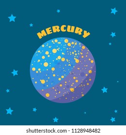 Banner with planet mercury in cartoon style with text. For print, poster and card design