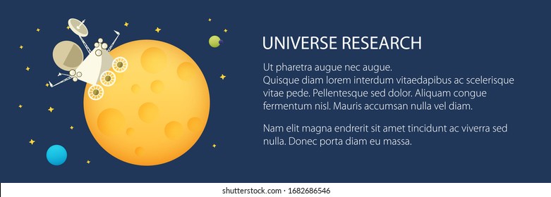 Banner with planet rover on the yellow moon among the stars in space and text , planet with craters in the universe, vector illustration