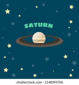 Banner with planet Saturn in cartoon style with text. For print, poster and card design