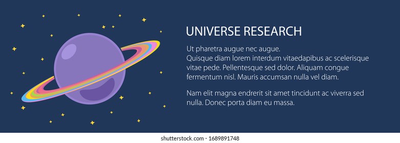 Banner with planet Saturn and stars and text, planet in the universe, vector illustration