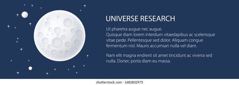 Banner con planeta en el espacio y texto , la luna con estrellas, el planeta espacial con cráteres en el universo, ilustración vectorial