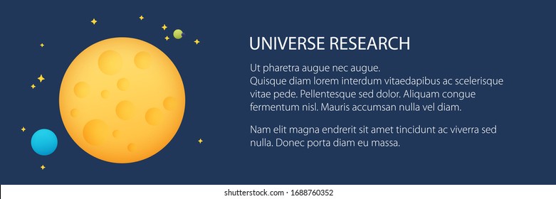 Banner con planeta en el espacio y texto , luna amarilla con estrellas, planeta espacial con cráteres en el universo, ilustración vectorial