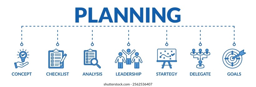 Banner of planning web vector illustration concept with icons of concept, checklist, analysis, leadership, strategy, delegate, goals