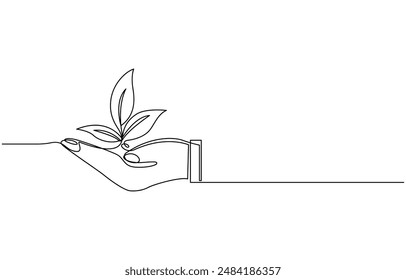 Banner with Plant inside Lightbulb in one line drawing. Creative concept of Green energy and environmental friendly sources. Horizontal Vector illustration, Plant inside Lightbulb in one line drawing.